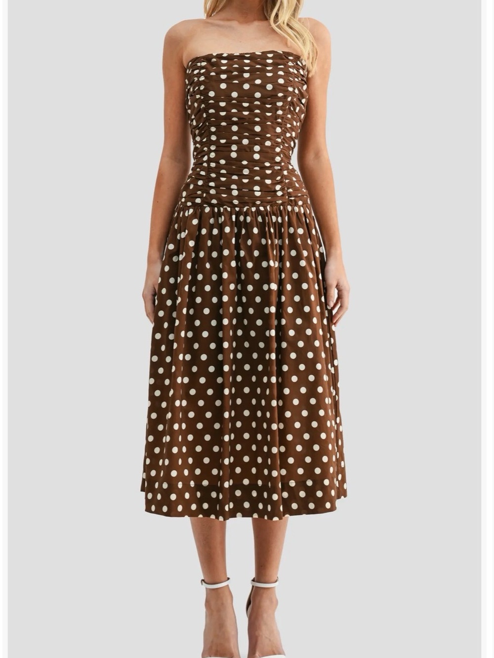 Polka Dot Strapless Midi Dress in Brown